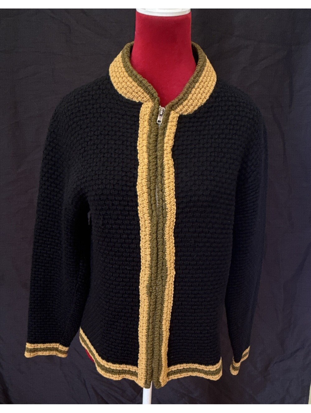 Vintage Mens S Black Wool Knit Full Zip Collared Cardigan Sweater Tan/Green Trim